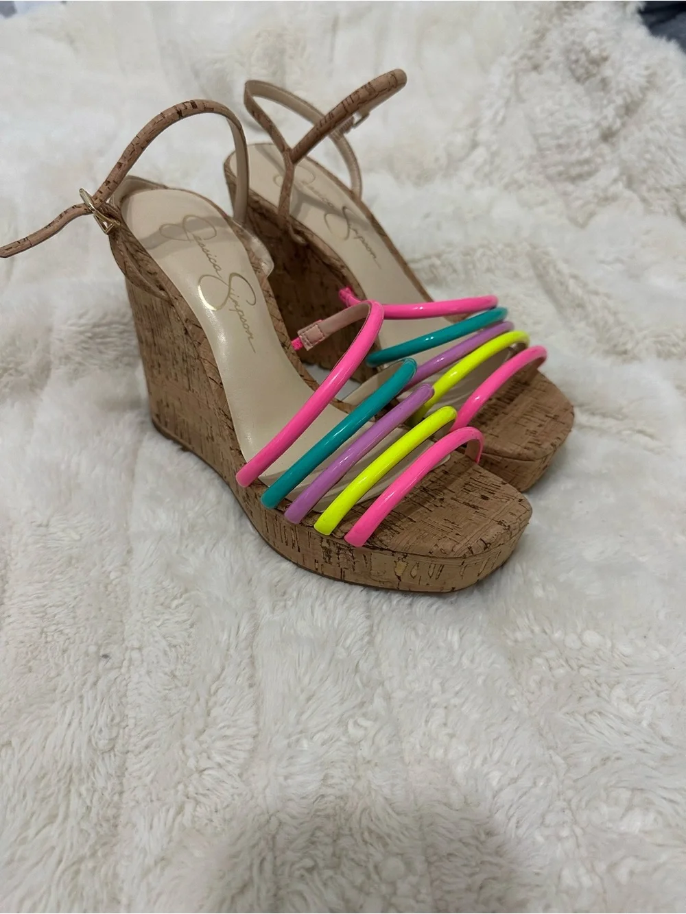 Jessica Simpson Neon Multi-Strip Cork Wedge Sandals